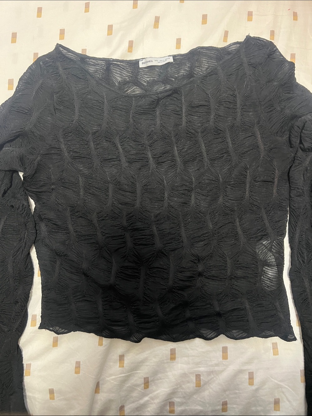 Bershka Black Sheer Textured Long Sleeve Top